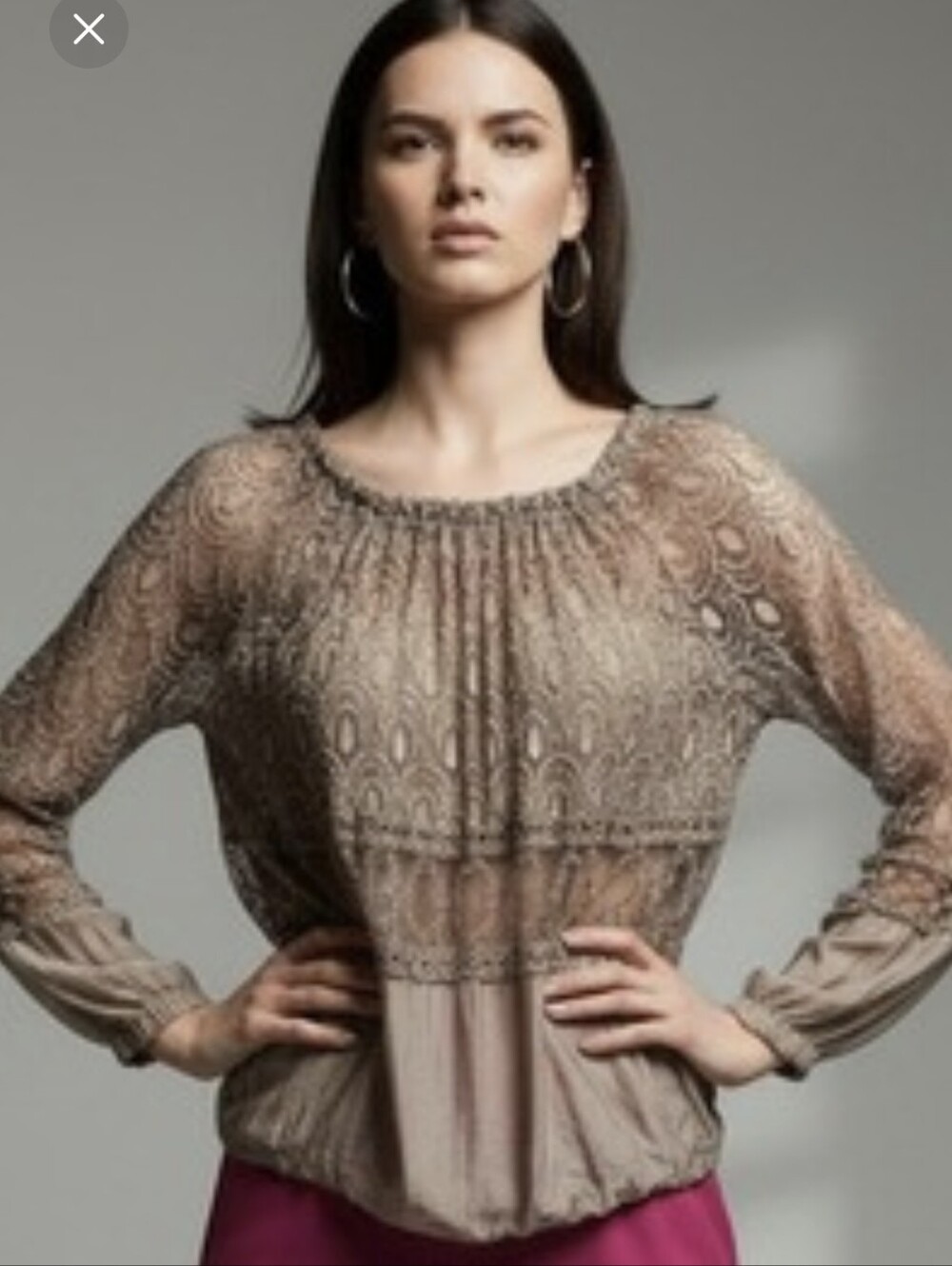 Charlie B Vtg Blouse Womens Silk Blend Gray Lace Boho Peasant Top Made Italy